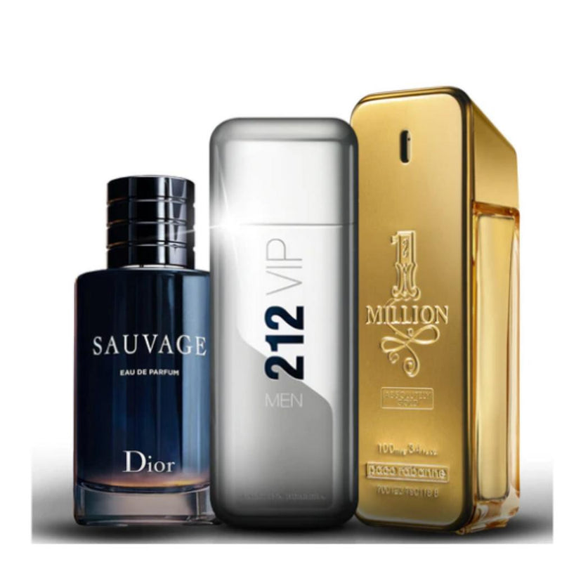 [PAGUE 1 LEVE 3] Kit 3 Perfumes Masculino - 1 Million Paco Rabanne, Sauvage Dior e 212 VIP Men Carolina Herrera (100ml) - Eternity Oficial