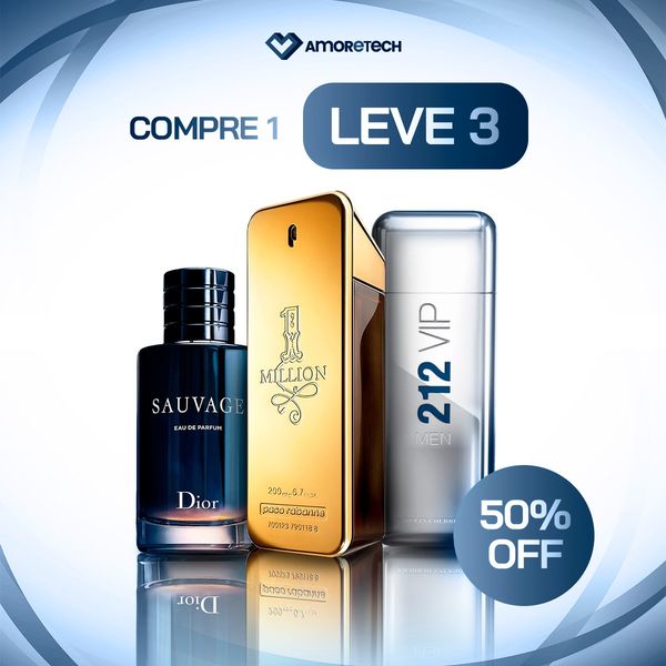 [PAGUE 1 LEVE 3] Kit 3 Perfumes Masculino - 1 Million Paco Rabanne, Sauvage Dior e 212 VIP Men Carolina Herrera (100ml) - Eternity Oficial